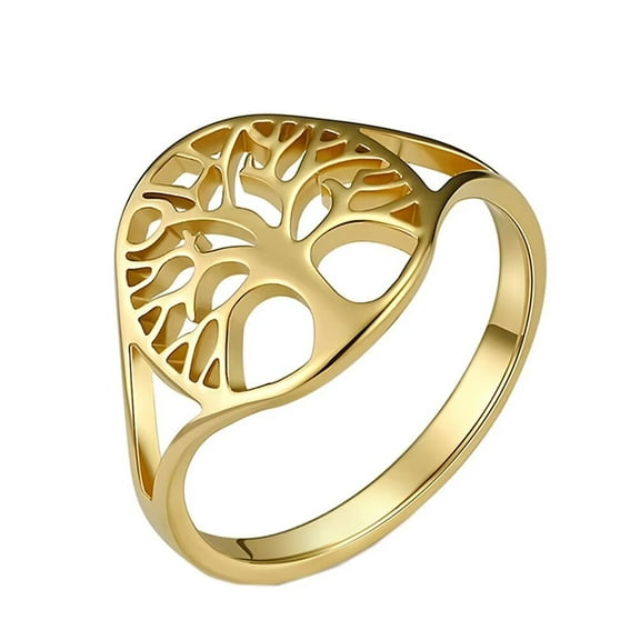 PAMTIER Stainless Steel Anniversary Ring Retro Tree of Life Signet Band Hollow Out Design for Women Gold Size 7