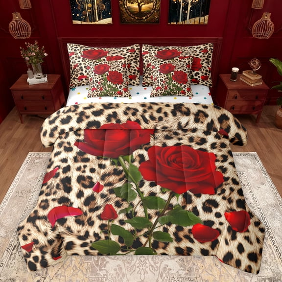 Homewish Boys Girls Animal Leopard Print Twin Bedding Sets 7-Piece,Chic Floral Flower Rose Bedding Comforter Set Microfiber,Brown Red Green Breathable Sheet Sets,Microfiber Bedroom Decor