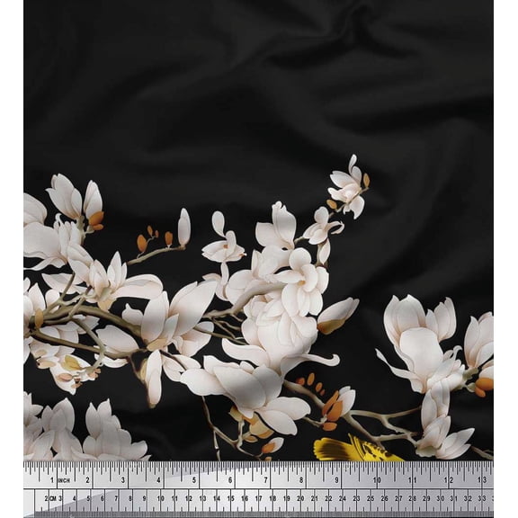 Soimoi Cotton Duck Fabric Floral & Yellow Bird Print Sewing Fabric Yard 42 Inch Wide