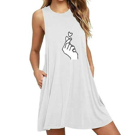 

XIAOFFENN Fashion Womens O-Neck Pocket Printing Sleeveless Casual Nightdress Dresses