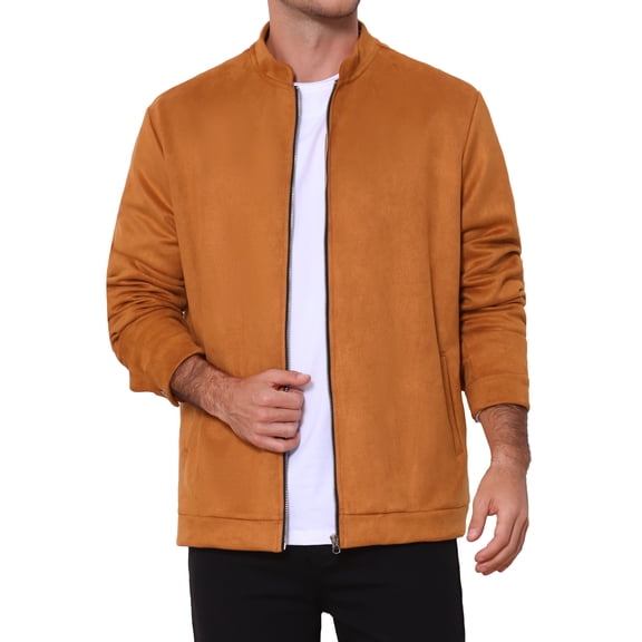Men's Vintage Bomber Jacket Lightweight Stand Collar Zipper Casual Suede Jacket L Orange