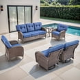 thumbnail image 2 of OPOHORO Outdoor 6 Pieces Conversation Set, Brown Wicker Sofa, with Swivel Chairs, Lounge Chairs and Side Table, Patio Furniture Set with 5" Thick Cushion Ideal for Porch and Deck, Blue, 2 of 13