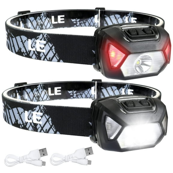 LE Headlamp Rechargeable, [2-Pack] 2000L Waterproof LED Headlamp with Red Warning Lights, 6 Lighting Modes, Long Run Time, Lightweight Headlamp