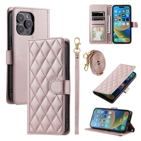 TECH CIRCLE For iPhone 15 Case Wallet for Women Girl,Luxury PU Leather Crossbody Wristlet Strap Kickstand Slim Card Holder Slots Wallet Case for Apple iPhone 15 6.1" 2023,Rosegold