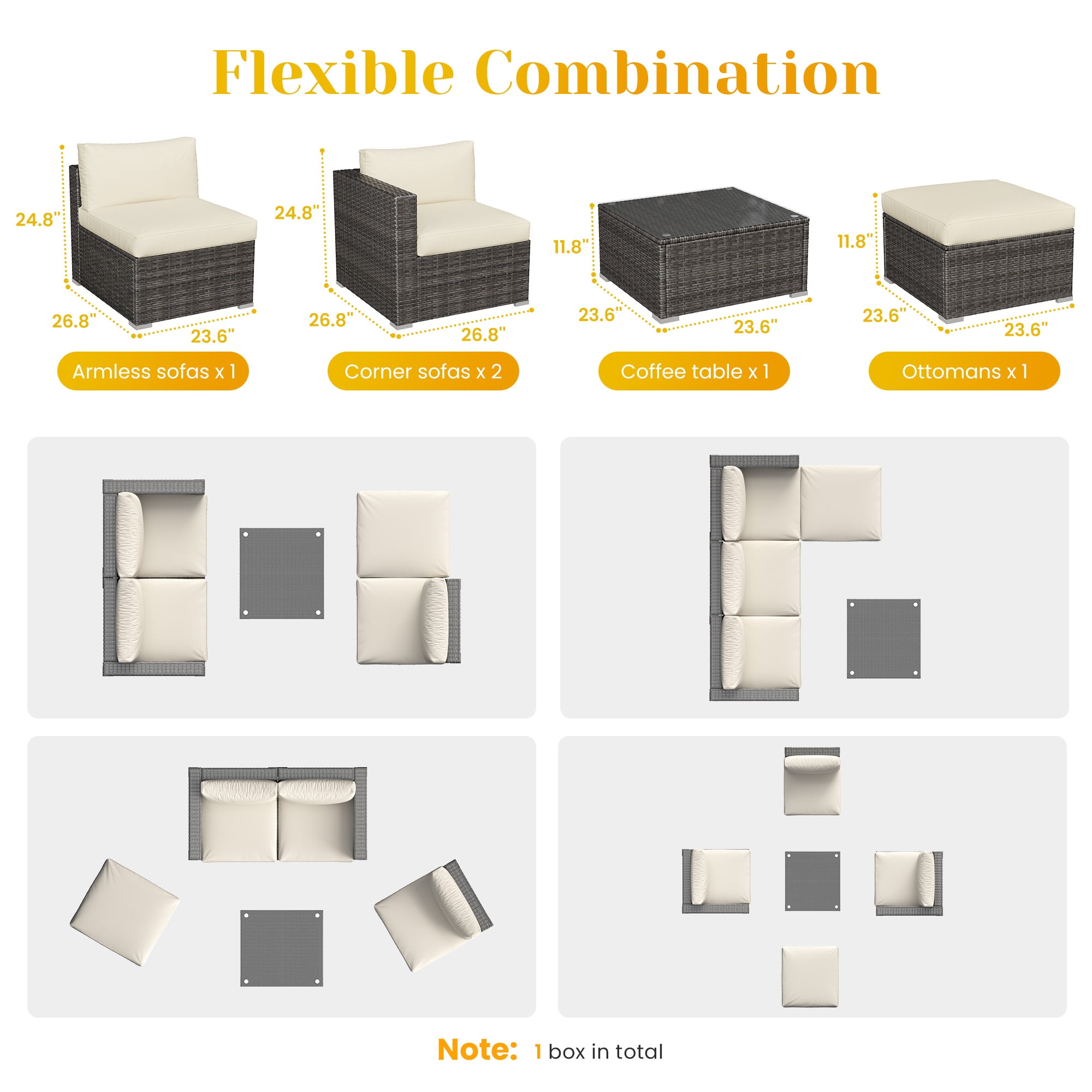 Cozyhom 5 Pc Outdoor Wicker Sectional Dining  Sofa Furniture Set, All Weather Wicker Sectional Dining Conversation L Shaped Indoor Couch With Ottoman, Beige