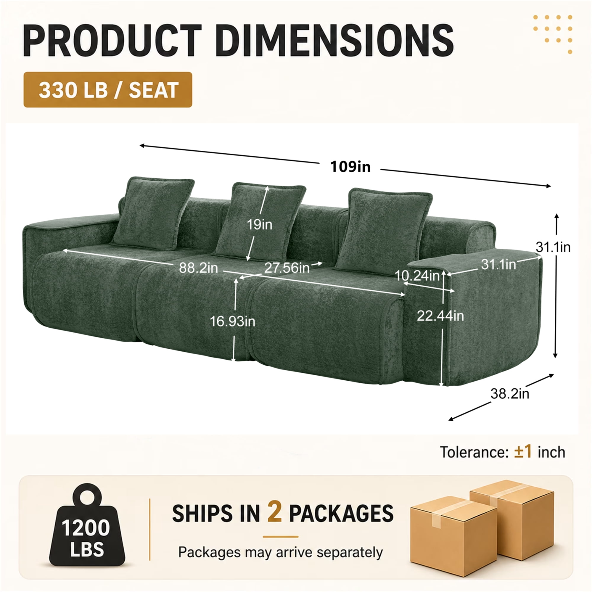 Aukfa 109" Oversized Boneless Couch Deep Seat 3 Seat Cloud Sofa for Living Room Bedroom, 3 Pillows, Velvet, Green