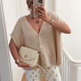 thumbnail image 2 of Womens Summer Oversized Short Sleeve Button V Neck Casual Knit Sweater Tops Khaki L, 2 of 6