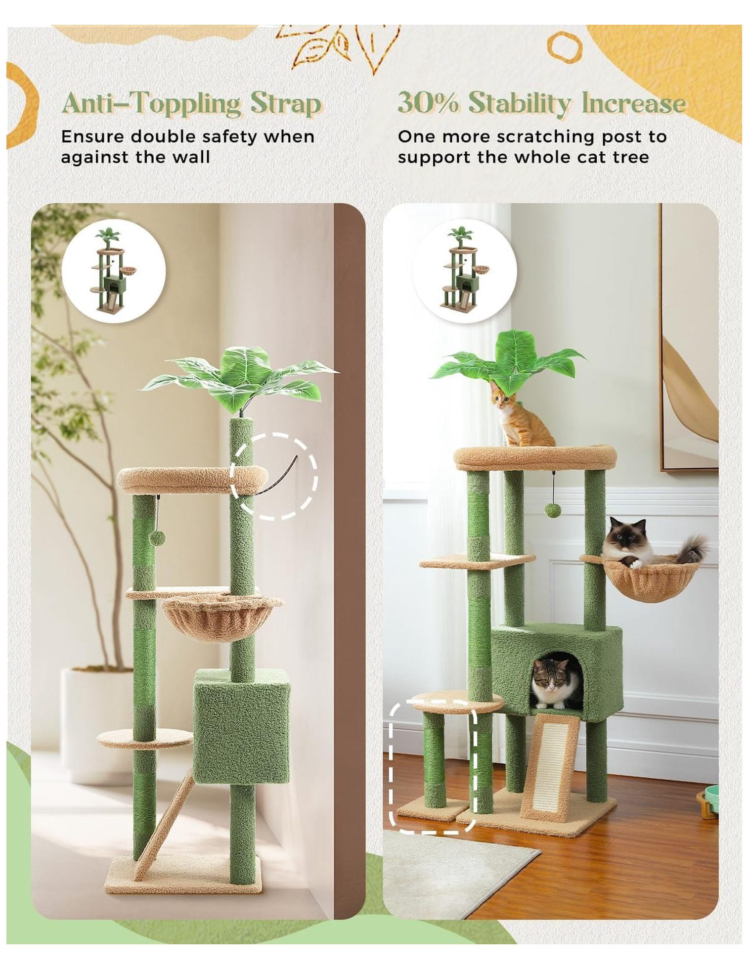 53" Cat Tree Indoor Large Condo, Sisal Scratching Posts, Cactus Design, Multi-Level Cat Tower for Multiple Cats up to 20lbs, Sturdy & Stable