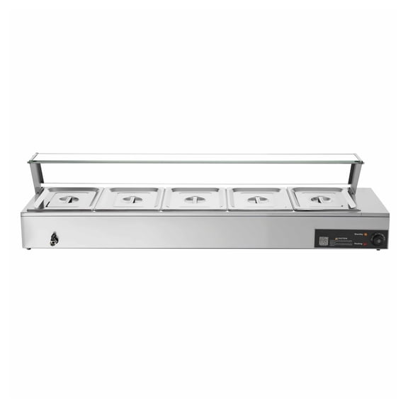 Food Warmer 1500W Electric Stainless Steel Bain Marie with Glass Cover - 5 x 1/2 Size Pans - Catering Buffet Server for Restaurant Party