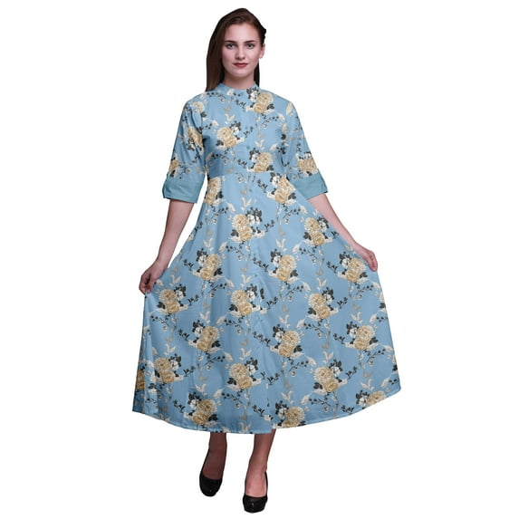 Bimba Floral Printed Women’s Roll Up Sleeves Dress Mandarin Collar Button Down Shirt-Medium