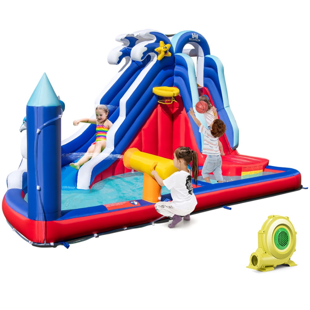 GVN 6-In-1 Inflatable Water Park with 735W Blower, Bounce House with Blower, Inflatable Jump Bouncy for Kids,Ball Pool for Backyard Play & Party Fun