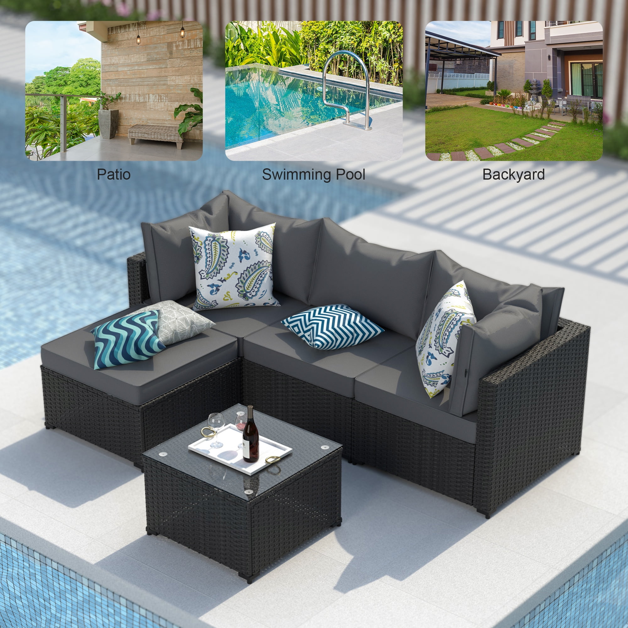 Phonjoroo 5pcs Patio Furniture Sets All Weather Outdoor Sectional Sofa Manual Weaving Wicker Rattan Outdoor Conversation Set with With Cushion And Glass Table, Grey
