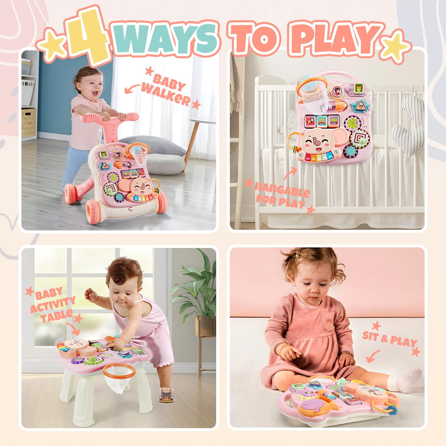 Eotvia Baby Walkers for Girls,3 in 1 Push Toys Pink Baby Walker Toy for Babies Learn to Walk 6-18Mos