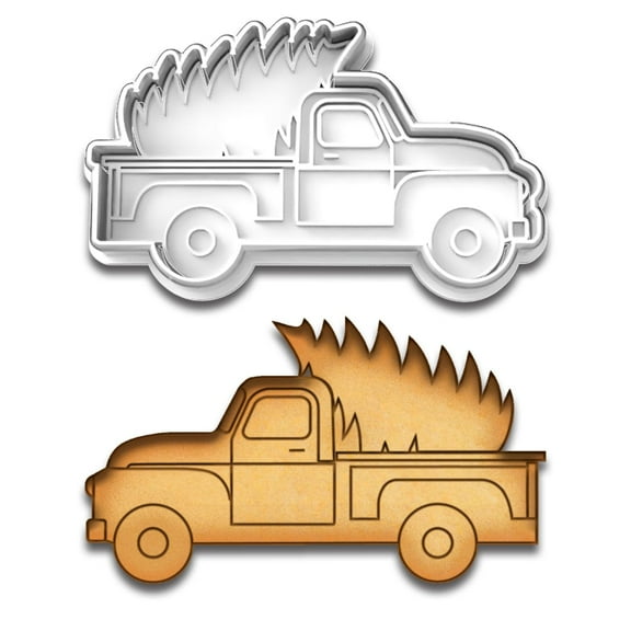 Vintage Pickup Truck with Christmas Tree Cookie Cutter & Stamp 4.25x2.5" Clay