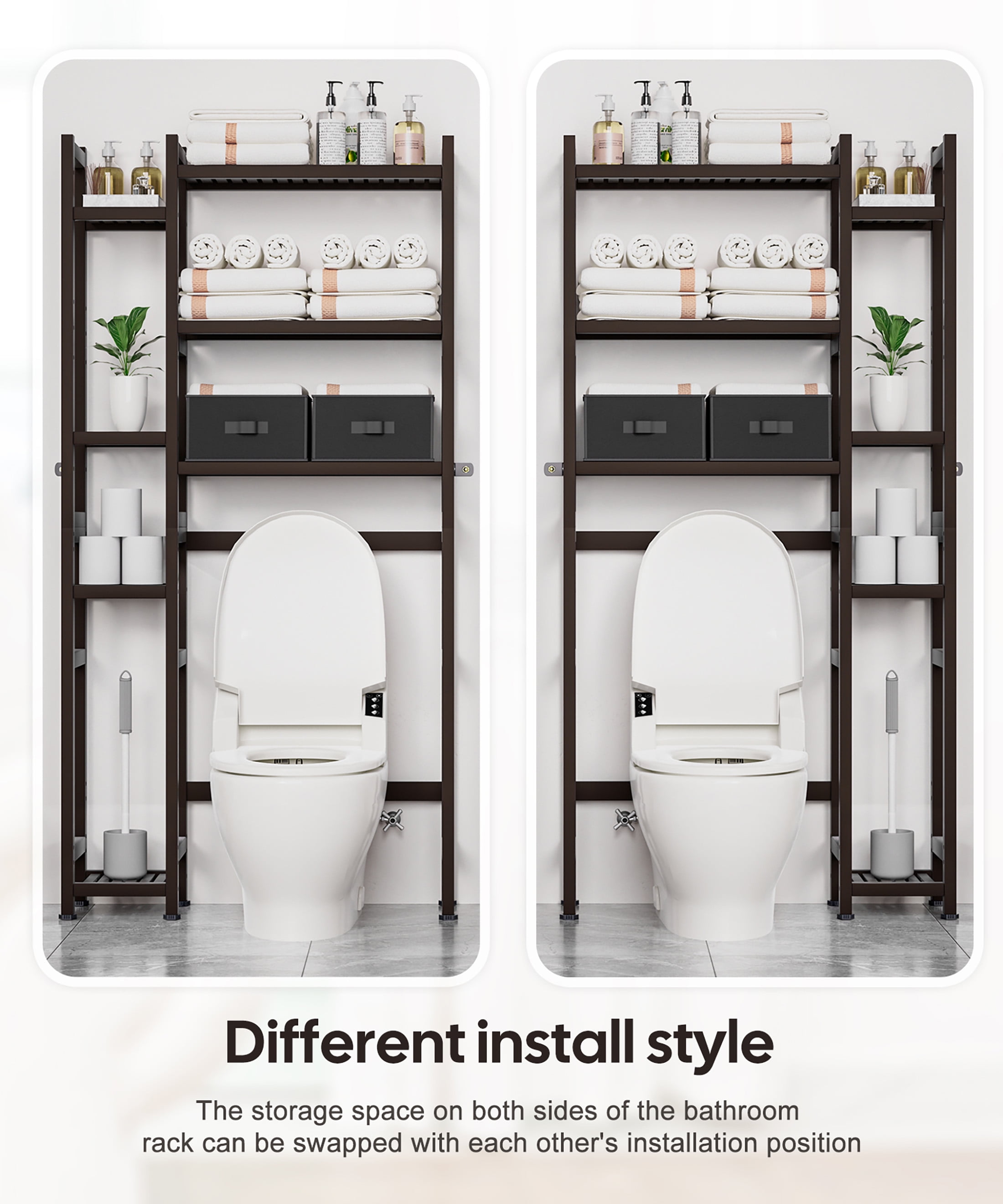 Enogets Over the Toilet Storage, Bamboo Bathroom Organizer with Adjustable Rack, Basket, Drawer & Waterproof feet