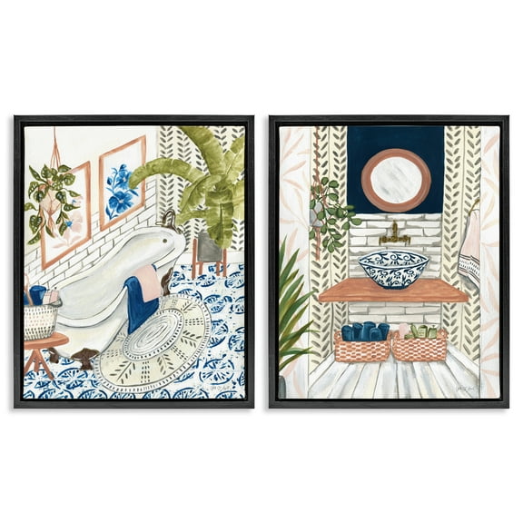 Stupell Industries Boho Chic Bathroom Bath & Laundry Painting Black Floater Framed Canvas Art Print Wall Art, 17 x 21, Set of 2