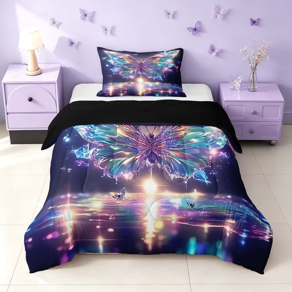 Homewish Dreamy Butterfly Twin Comforter Sets for Girls, Princess Style Bedding Set, Black Reversible, 2pcs 1 Comforter and 1 Pillowcase