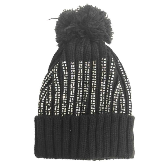 Womens Black & Silver Knit Sequin Pom Beanie Hat Knit Stocking Cap