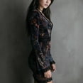 thumbnail image 5 of MORTTIC Women's Elegant Deep V-Neck Floral Print with Lace Trim, Long Sleeve Bodycon Mini Dress for Banquet & Vacation Flower color，S, 5 of 6
