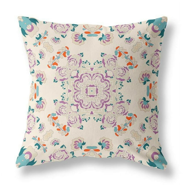 Couronne de Roses Coussin en Tissu Intérieur/extérieur avec Fermeture Éclair Blanc Cassé Violet 20x20