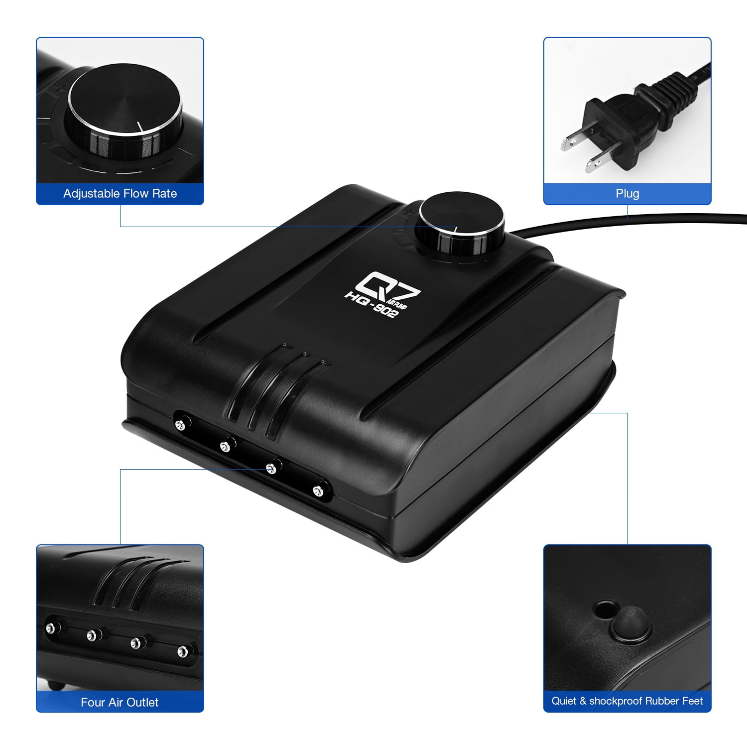 Lychee 300 Gallon 254GPH Aquarium Air Pump Four Outlet for Aquarium Fish Tank Ponds Black