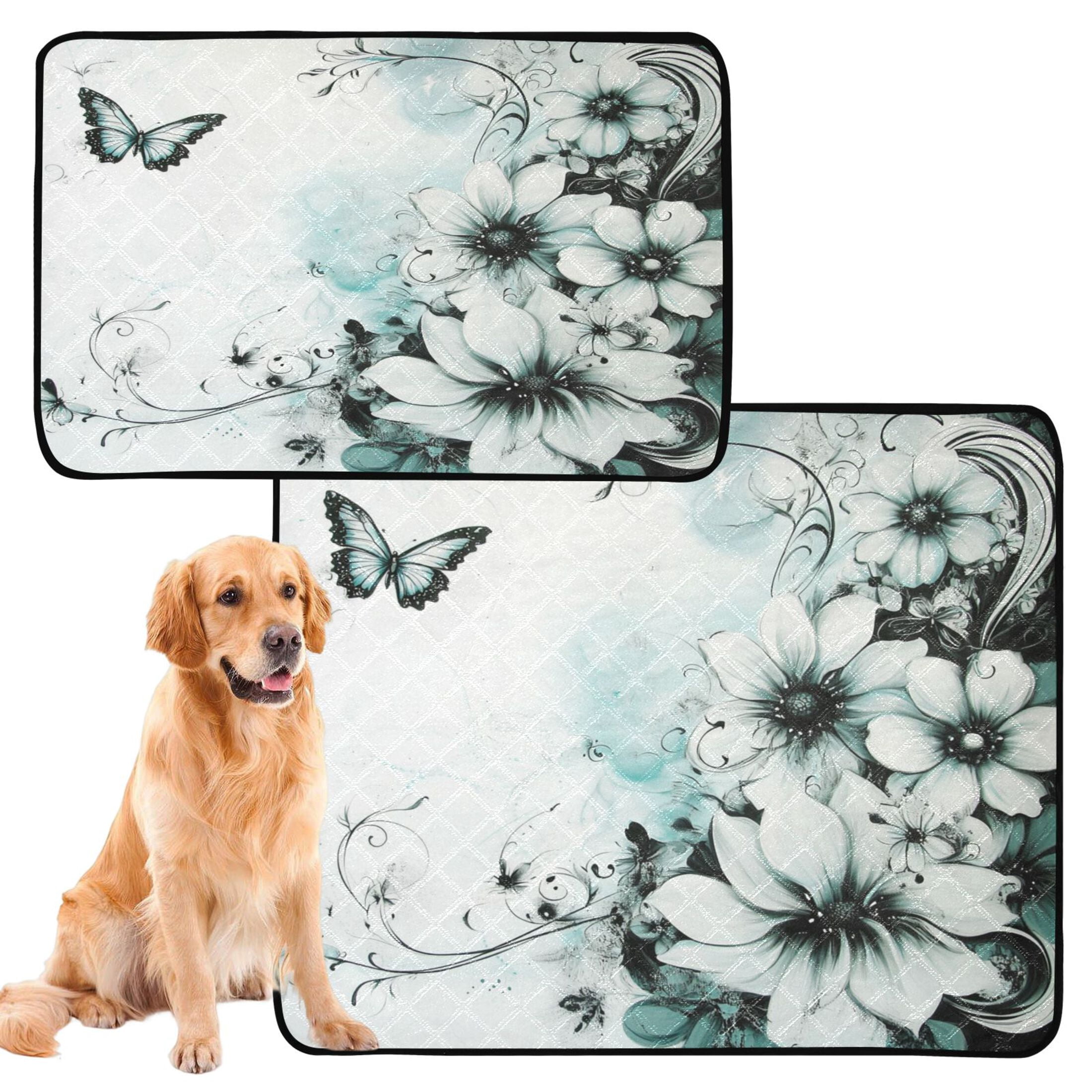 Qxltty Cyan Flowers Cat litter Pads Pet Set of 3 Diaper Mats Center Anti-leakage Layer Absorbent Soft and Comfortable