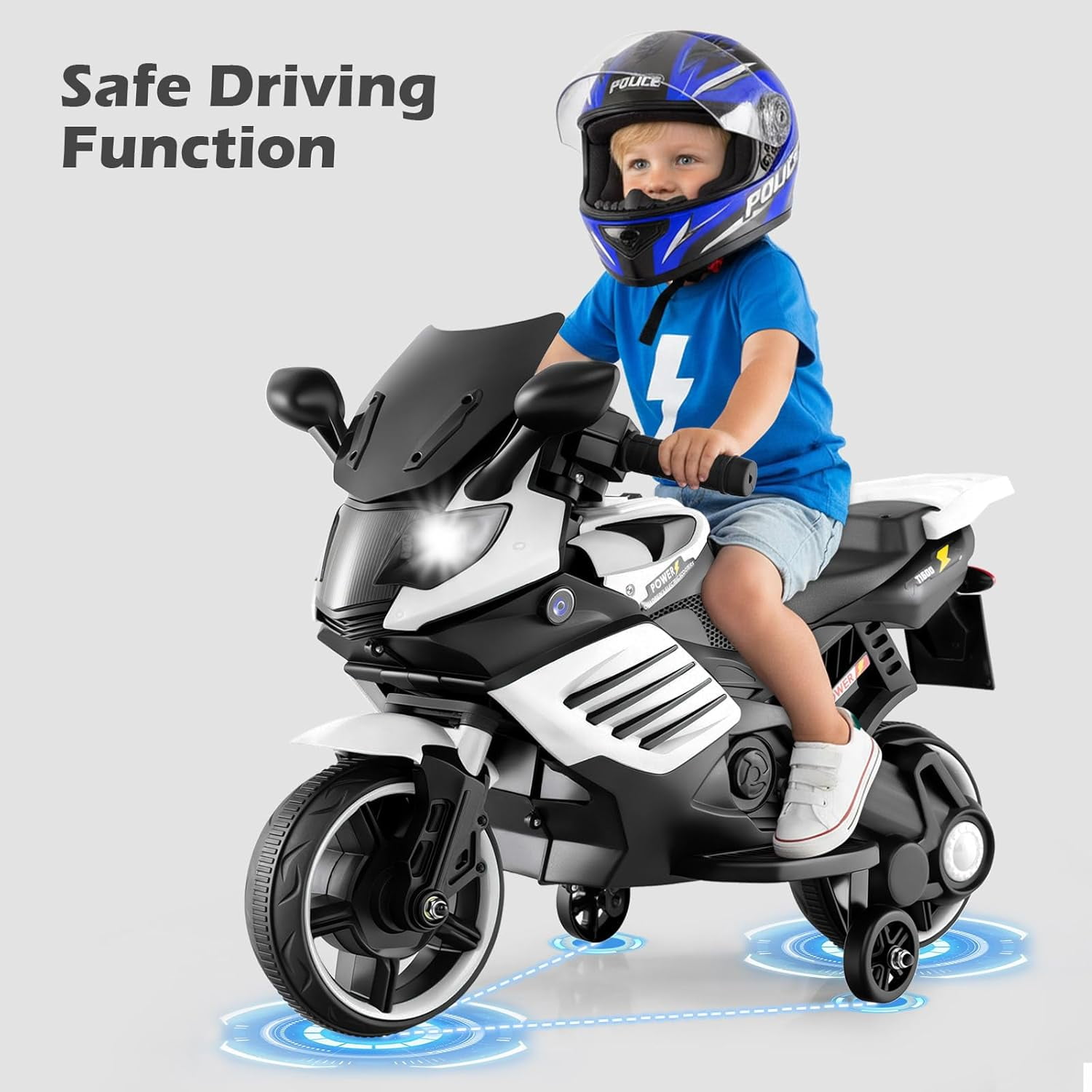 OLAKIDS 6V Kids Motorcycle with Training Wheels, Horn, Music, Headlight for Boys Girls Aged 3+ Years
