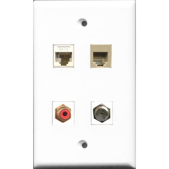RiteAV 1 Port RCA Red and 1 Port Coax Cable TV- F-Type and 1 Port Phone RJ11 RJ12 Beige and 1 Port Cat6 Ethernet White Wall Plate