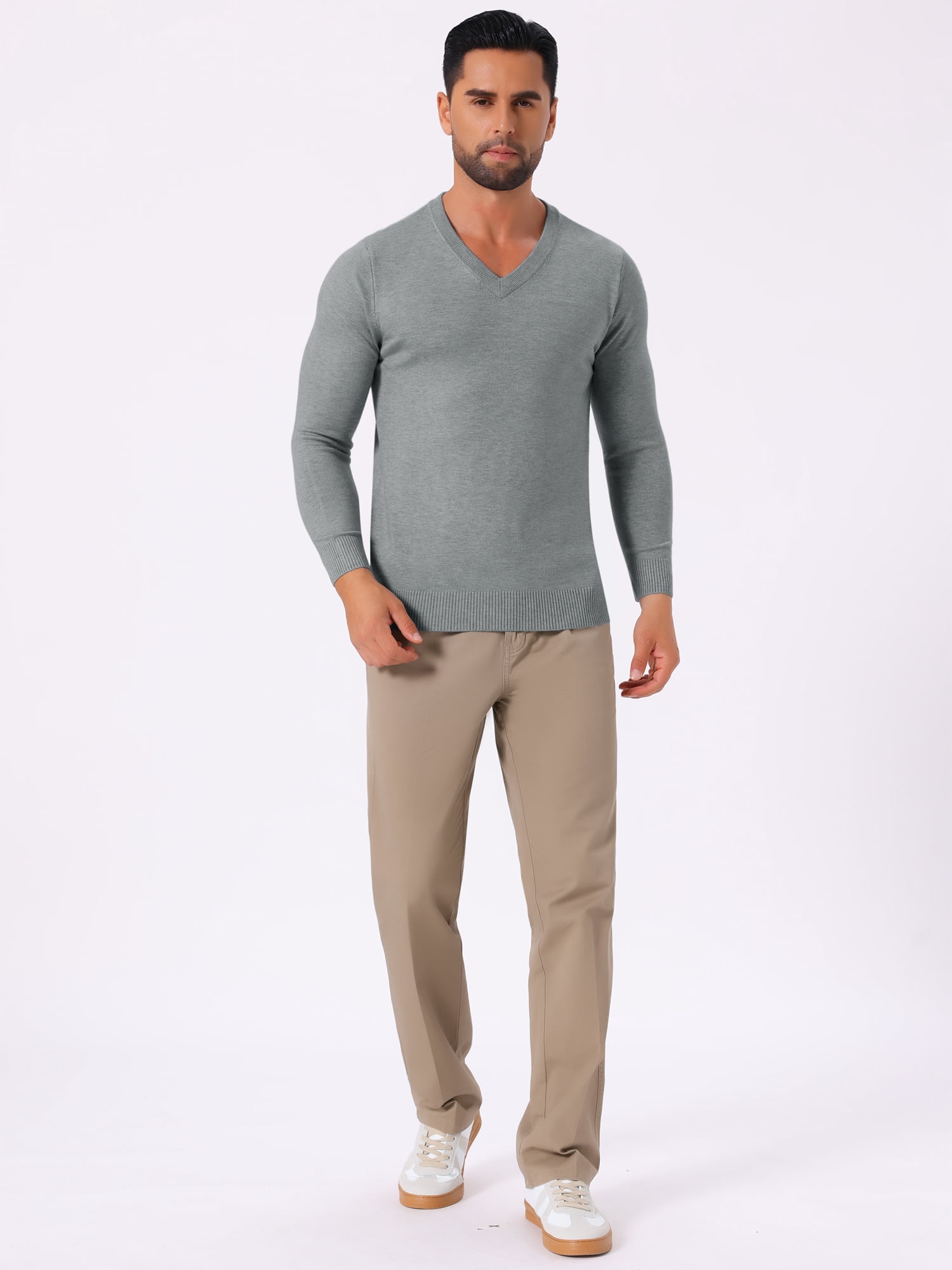 DARING DIVA Men's Long Sleeve V-Neck Solid Knitted Pullover Sweater M Gray