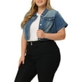 thumbnail image 5 of Agnes Orinda Plus Size Denim Jackets for Women Button Front Work Washed Rolled Sleeves Cropped Jean Jacket, 5 of 8