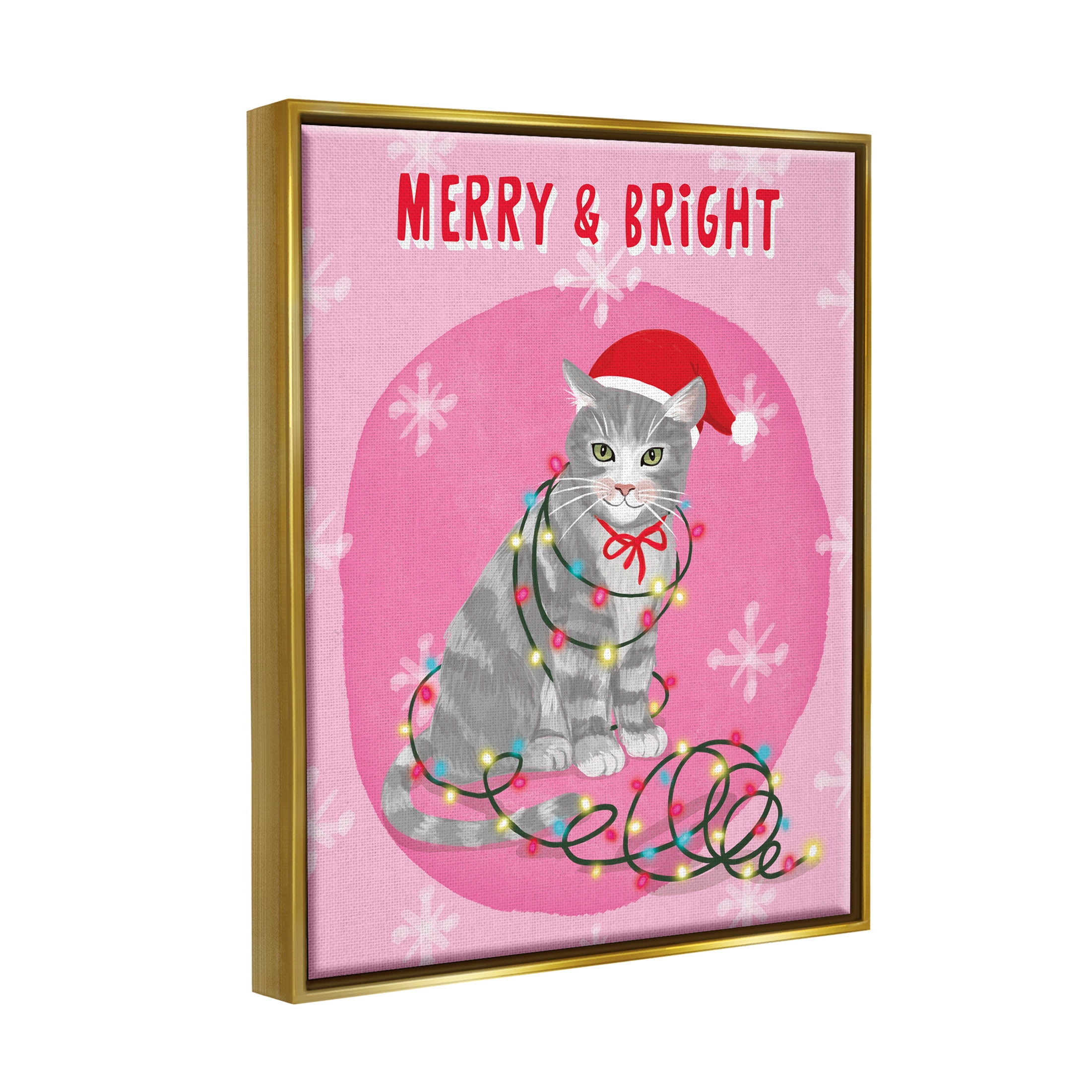 Stupell Industries Merry & Bright Christmas Cat Lights Graphic Art Metallic Gold Floating Framed Canvas Print Wall Art, Design by Be Ni La