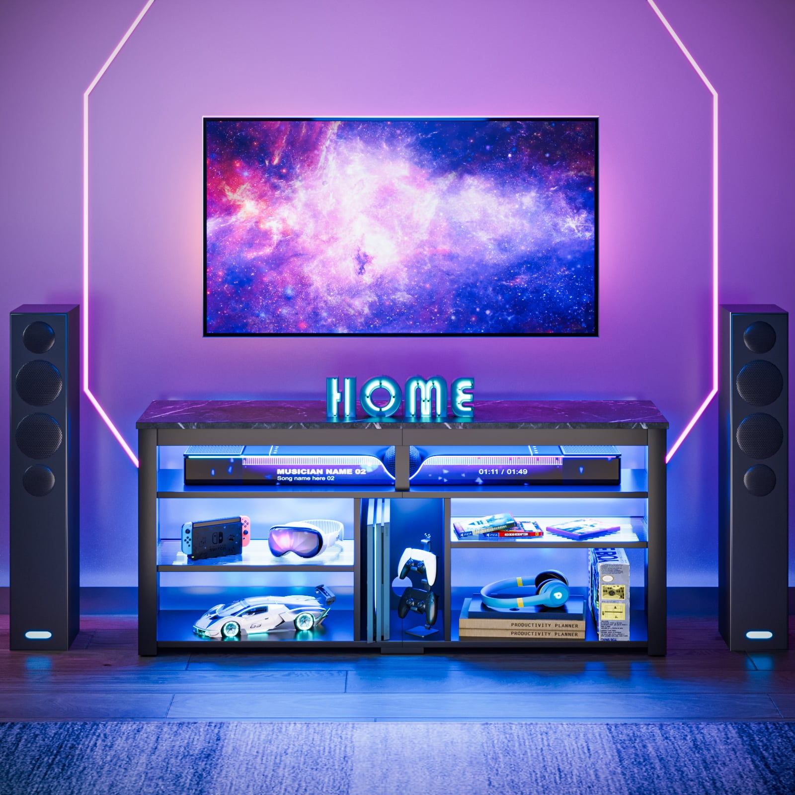 Bestier Tall TV Stand for 65" TVs,Entertainment Center with PS5 Storage,LED TV Stands for Living Room,TV console with Adjustable Storage Shelf,Black Marble TV Stand
