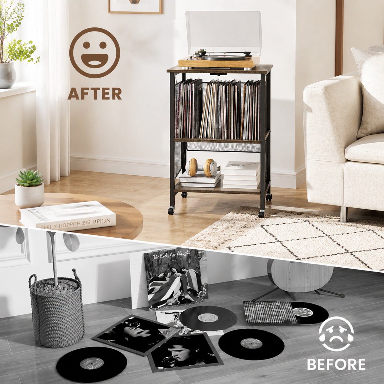 Furnibear Mid Century Record Player Stand with Built in Charging Station AC Outlets USB Ports and Removable Dividers for Living Room, Gray