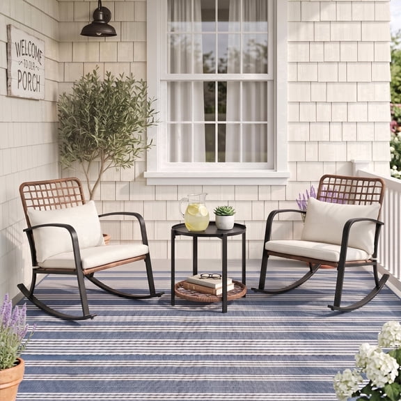 Mugovelo 3-Piece Rocking Chair Set, Outdoor Patio Bistro Set with 2-Tier Coffee Table for Balcony