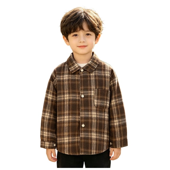 Zaveiop Boys Flannel Shirt Toddler Buffalo Plaid Shirt Long Sleeve Button Down Shirts Kids Casual Tops (Coffee,5-6 Years)