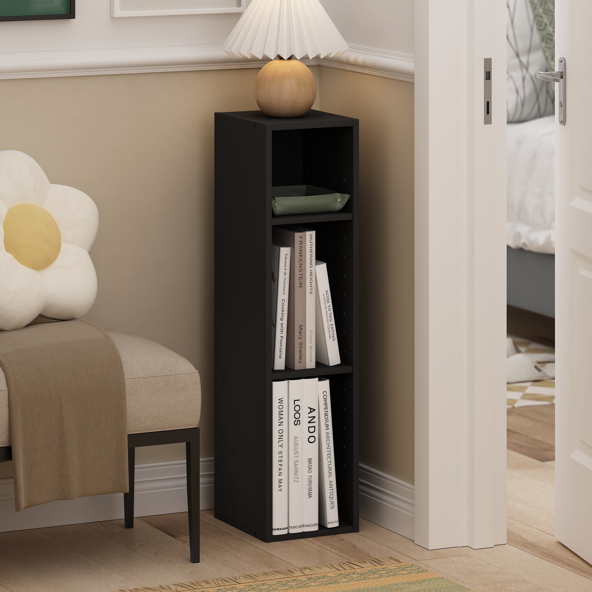 Furinno Fulda 3-Tier Space Saving Storage Shelf Bookcase, 8-Inch Width, Blackwood