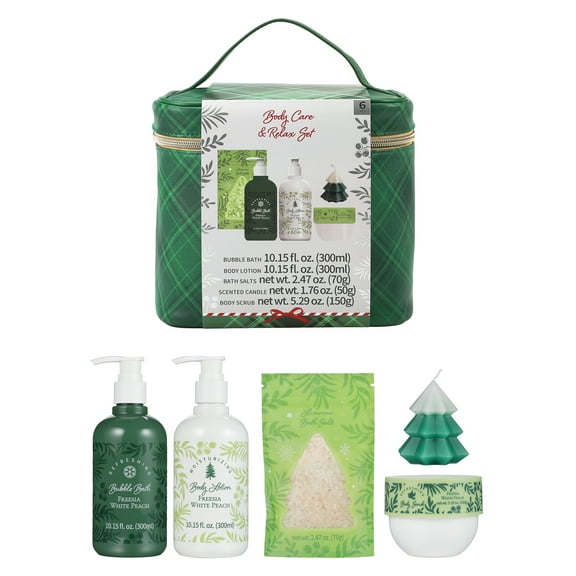 Body Care Portable Travel Set for Women, Relax and Care Set with Bubble Bath, Lotion, Bath Salts, Scented Candle, and Body Scrub
