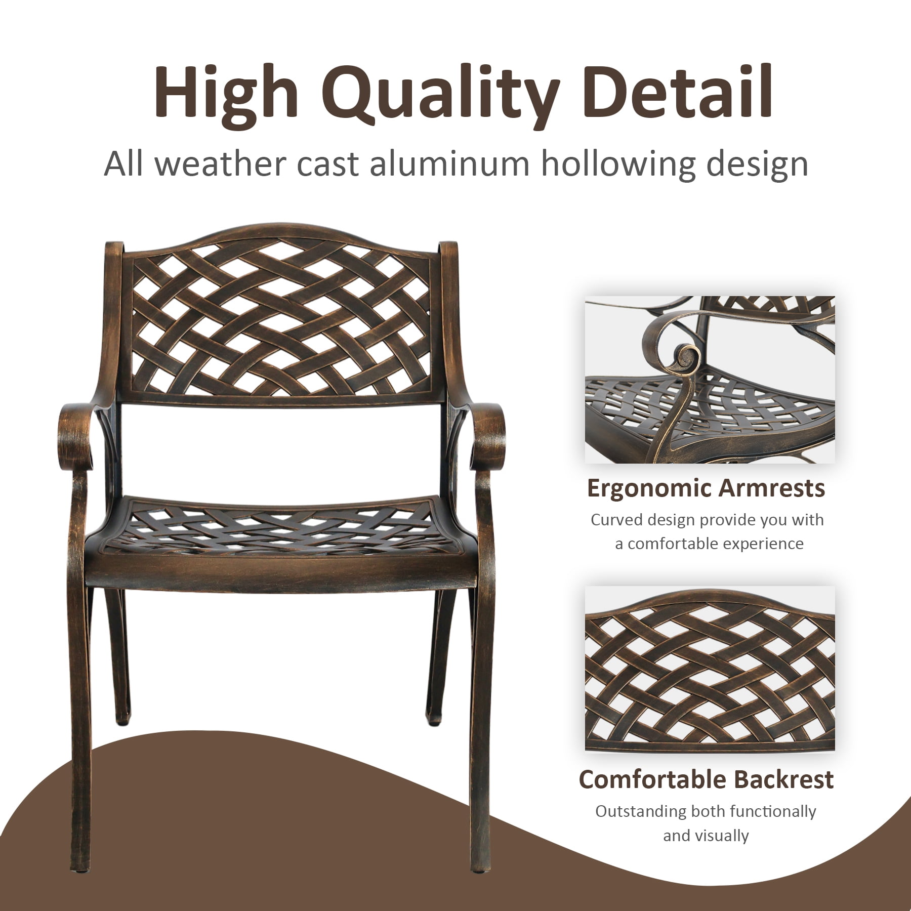 Aluminum Patio Chairs Set of 4, Metal Outdoor Chairs, Patio Dining Chairs with Armrest, All Weather Bistro Chair with Adjustable Pads for Garden, Bronze