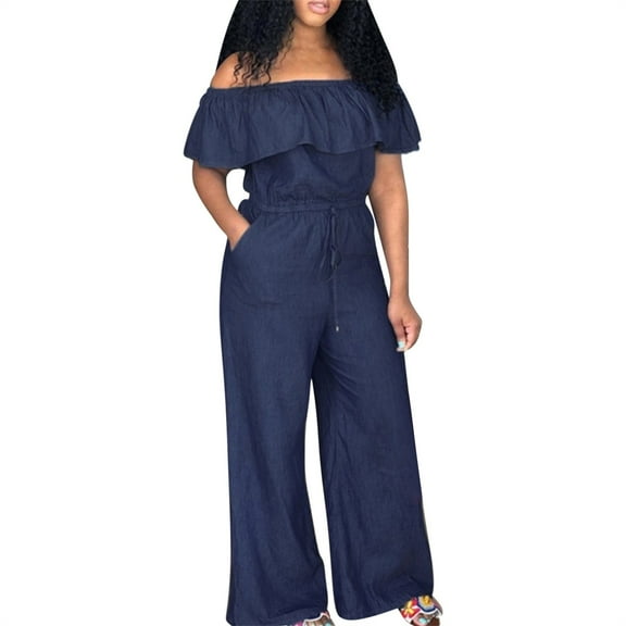 KEUSN Plus Size Women's Solid Wide Leg Off Shoulder Denim Jumpsuits