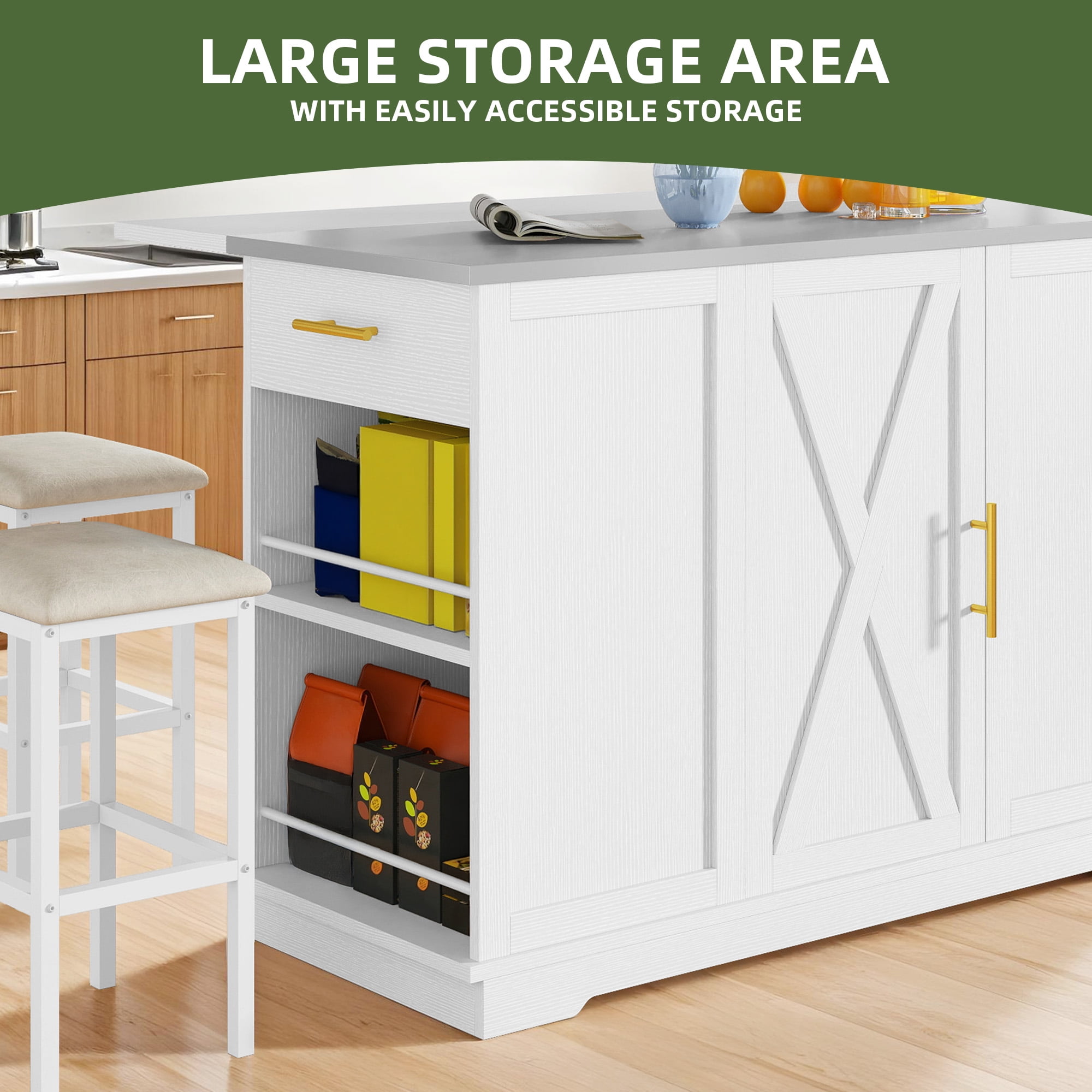 Uforic Kitchen Island with Drop Leaf & Seatings, Island with Power Outlets & Trash Storage, White