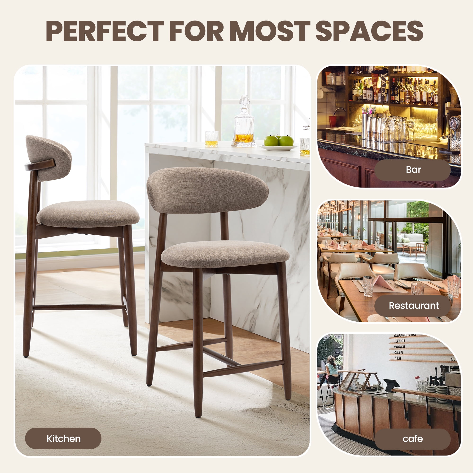 Mid Century Modern Kitchen Bar Stools Set of 6, Counter Height Stools with Curved Back and Wooden Frame,Upholstered Seat Camel