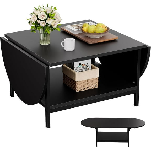 MY Black Coffee Table Modern Extended Coffee Tables with Storage for Living Room 2-Tier Unique Center Table with Two Folding Panel for Any Large or Small Space,Foldable, All Black