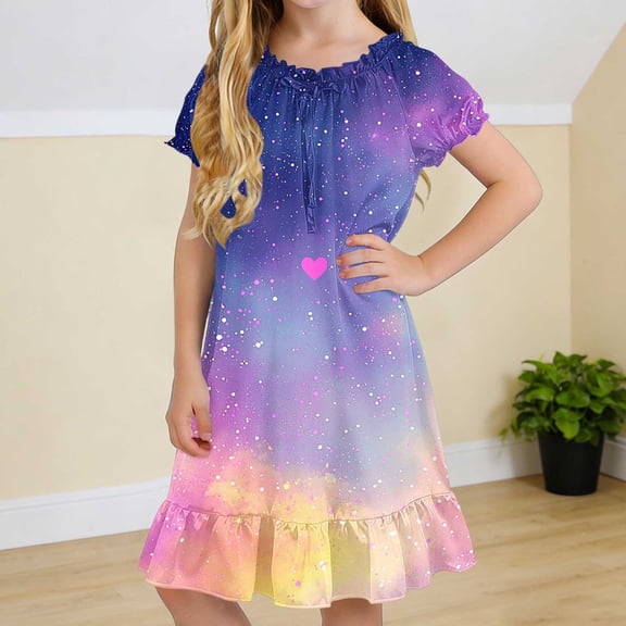 Cethrio Girls' Nightgowns Size 5T, Mid-length Gifts Summer Short Sleeve Kids Sleep Dresses Sleepwear Multicolor Size 5T