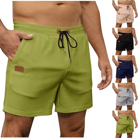 Hrsba Mens Shorts Drawstring Waist Sports Wear Relaxed Shape Waffle Knit Solid Color Pocket Casual Short