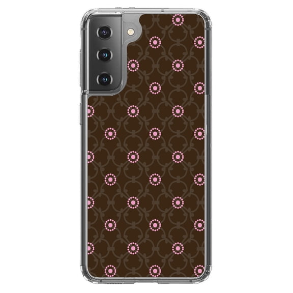 DistinctInk Clear Shockproof Hybrid Case for Galaxy S21 5G (6.2" Screen) - TPU Bumper, Acrylic Back, Tempered Glass Screen Protector - Brown & Pink Floral Pattern