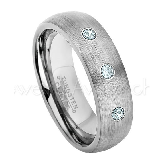 6mm Brushed Dome Tungsten Ring - 0.21ctw Aquamarine 3-stone Band - Personalized Tungsten Wedding Ring - Custom Made March Birthstone Ring TN060BS