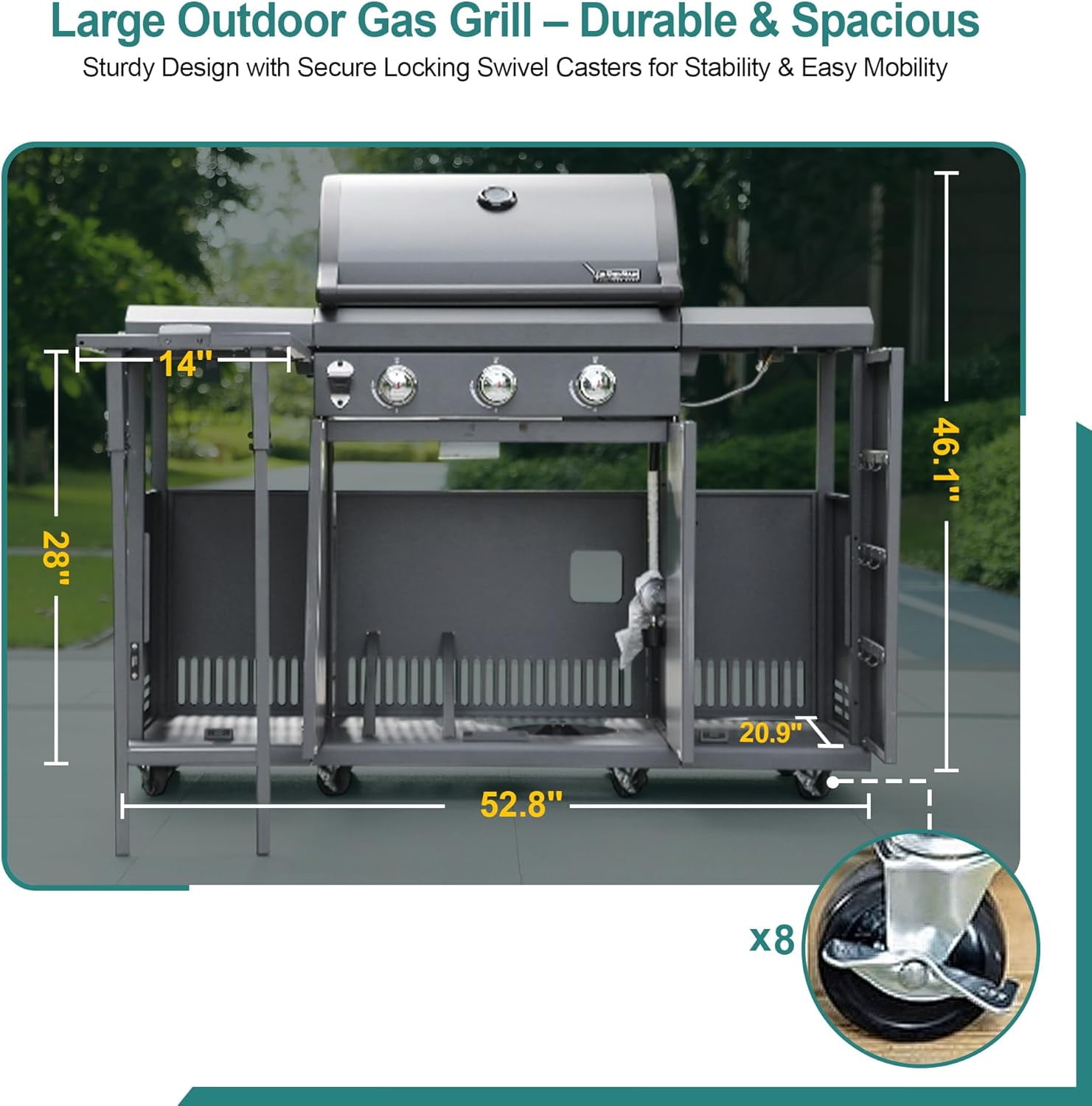 Brand-Man Grills 3-Burner Gas Grill Kitchen Island with side tables, LPG/NG Convertible for Outdoor Cooking