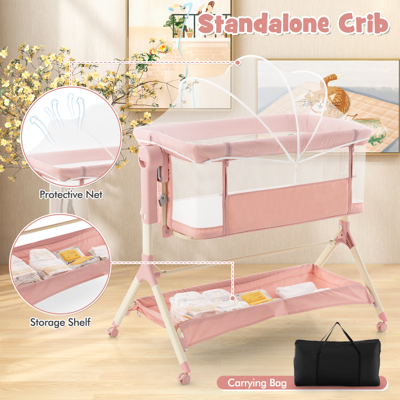 Costway Height Adjustable Bedside Sleeper Baby Crib with Storage Bag Pink