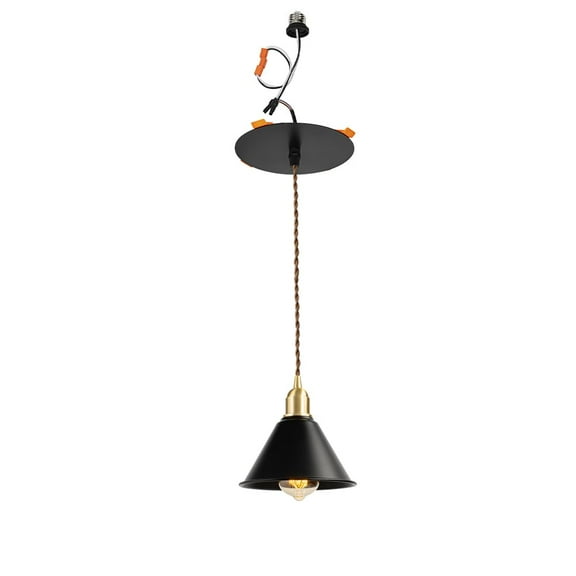 KAYYELAMP Vintage Industrial Brass Base Black Metal Cone Shade Recessed Retrofit Pendant Lighting Conversion Kit E26 Power Connector 3.2 Ft Adjusted Cord Hanging Lamp for Hallway Farmhouse