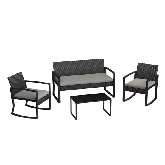 Set de 4 Piezas de Mimbre para Exterior – Sillas Mecedoras – Mesa de Café con Vidrio – Ratán PE – Jardín, Porche y Piscina – Mecedoras